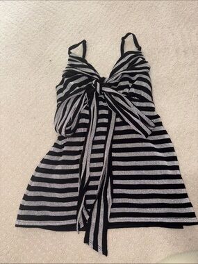 Guess Black and Silver Striped Tie-Front Tank